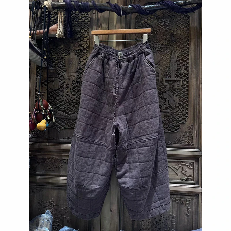 2025 New Arrival Autumn/winter Women Ankle-length Pants Casual Loose Cotton Elastic Waist Plaid Patchwork Straight Pants L214