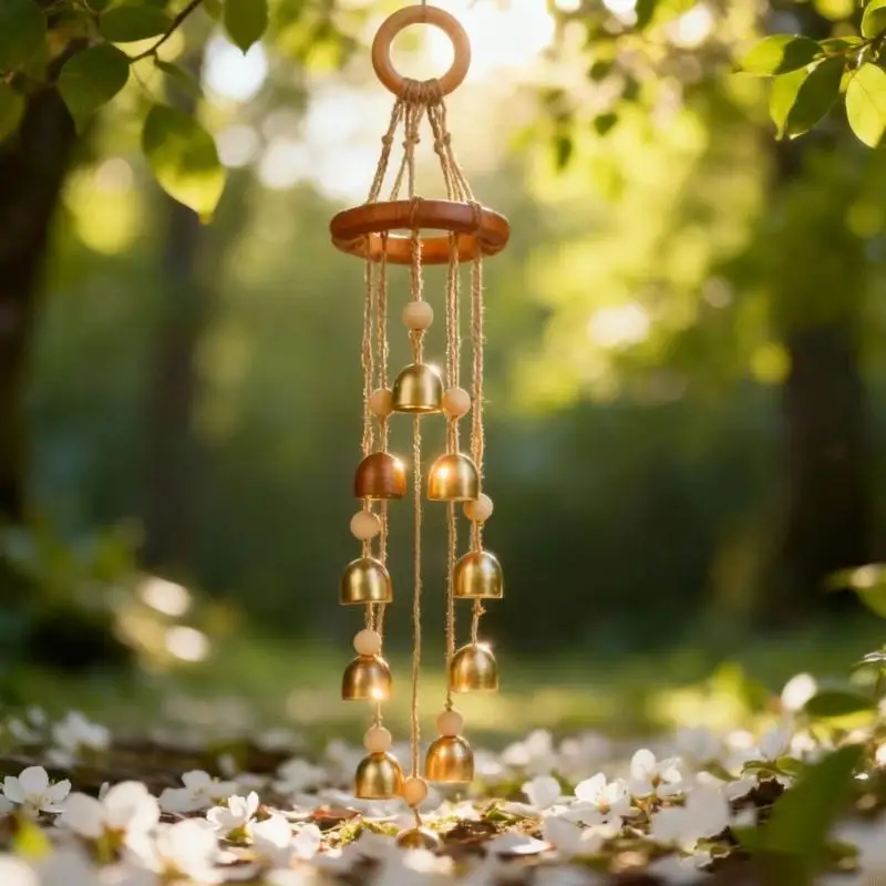 Rusty Wooden Wind Chimes With Golden Bells Outdoor Garden Decoration 55KF