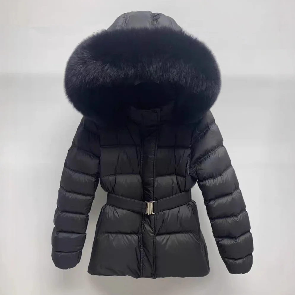 เสื้อแจ็คเก็ตขนเป็ดแท้ 90% สีขาว แจ็คเก็ตขนเป็ดหนานุ่ม อุ่นสบาย มีเข็มขัดรัดเอว เสื้อโค้ทแบบเย็บติดกันสำหรับผู้หญิง มีฮู้ด ปกขนสัตว์ อุ่นสบาย เหมาะสำหรับใส่ในฤดูหนาว