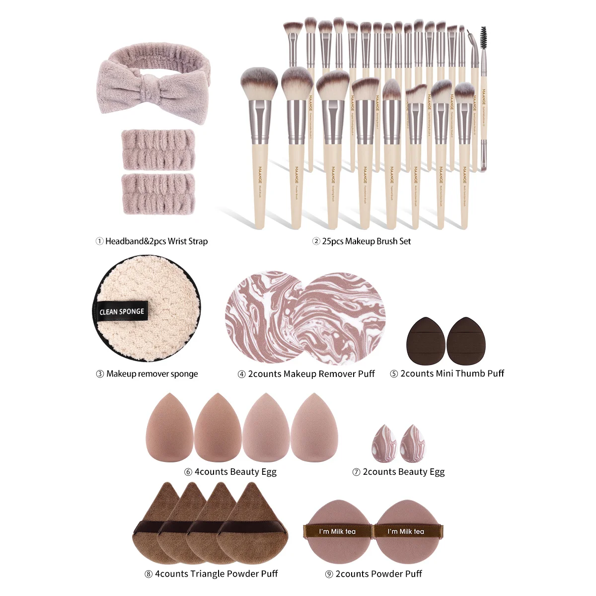 مجموعة هدايا فرش المكياج من MAANGE مكونة من 25 قطعة من فرش الوجه والعين 17 قطعة جميع أنواع منتفخة المكياج وعصابة الرأس وحزام المعصم للمبتدئين