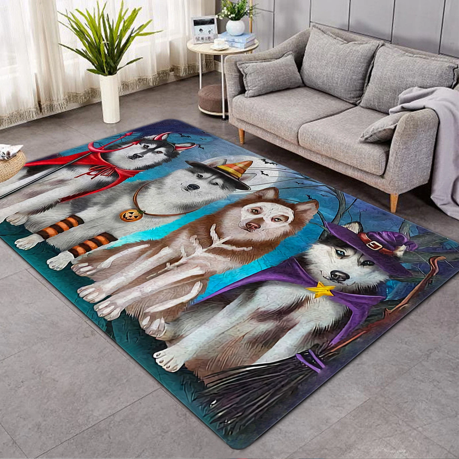 

CLOOCL Halloween Carpets Funny Pets Dogs Husky 3D Printed Doormat for Living Room Cozy Flannel Area Rug Festival Gifts