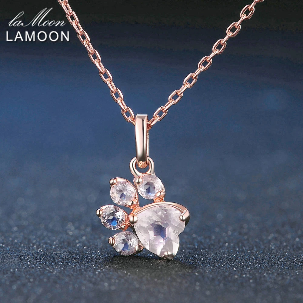 LAMOON Bear\'s Paw Pendant 925 Sterling Silver Necklace Natural Rose Quartz Gemstone Jewelry Rose Gold Chain Necklaces LMNI027