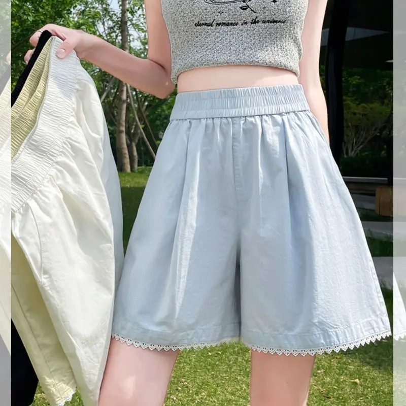Shorts Women Straight Summer High Street Fashion Students Korean Style Lace Design Elastic Waist Simple Lady Chic All-match Soft