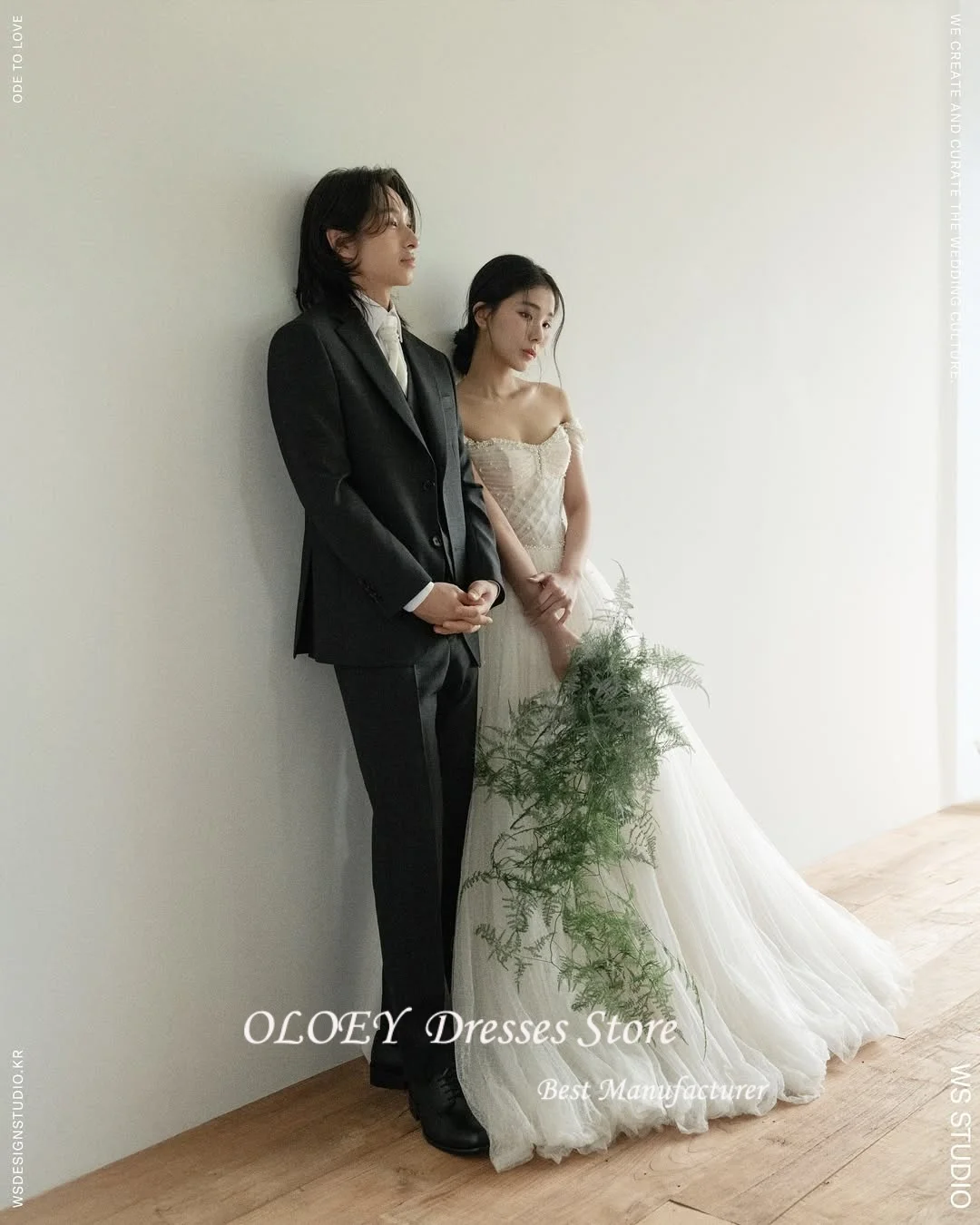 OLOEY Classic 웨딩드레스 Off Shoulder A-line Korea Wedding Dresses Beaded Pearl Tulle Pleat Corset Bridal Gowns Customized