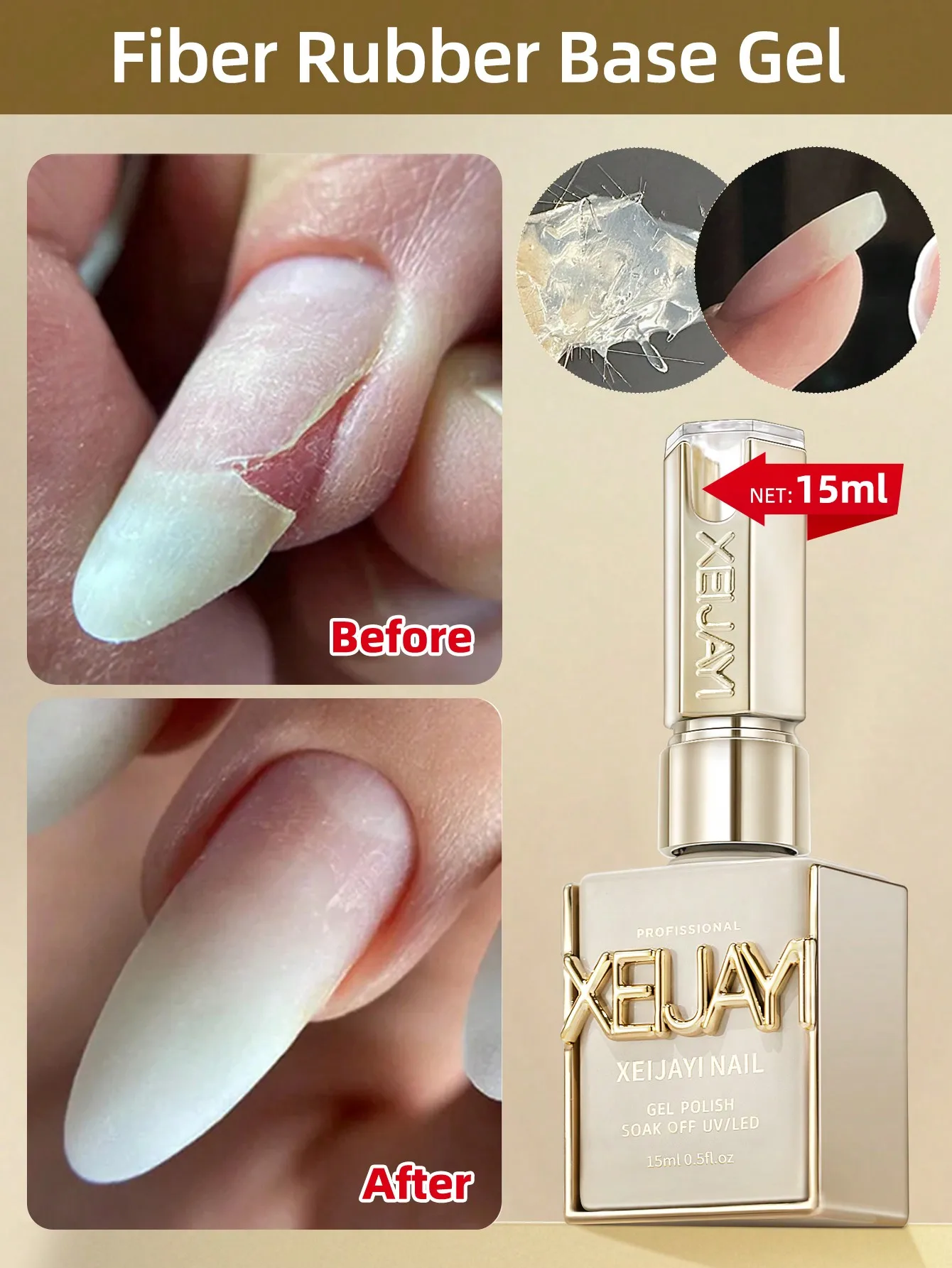 2pcs Fiber Rubber Base Gel for Nail Strengthening - Repair Damaged Nails with Flexible Protective Base Coat, Before