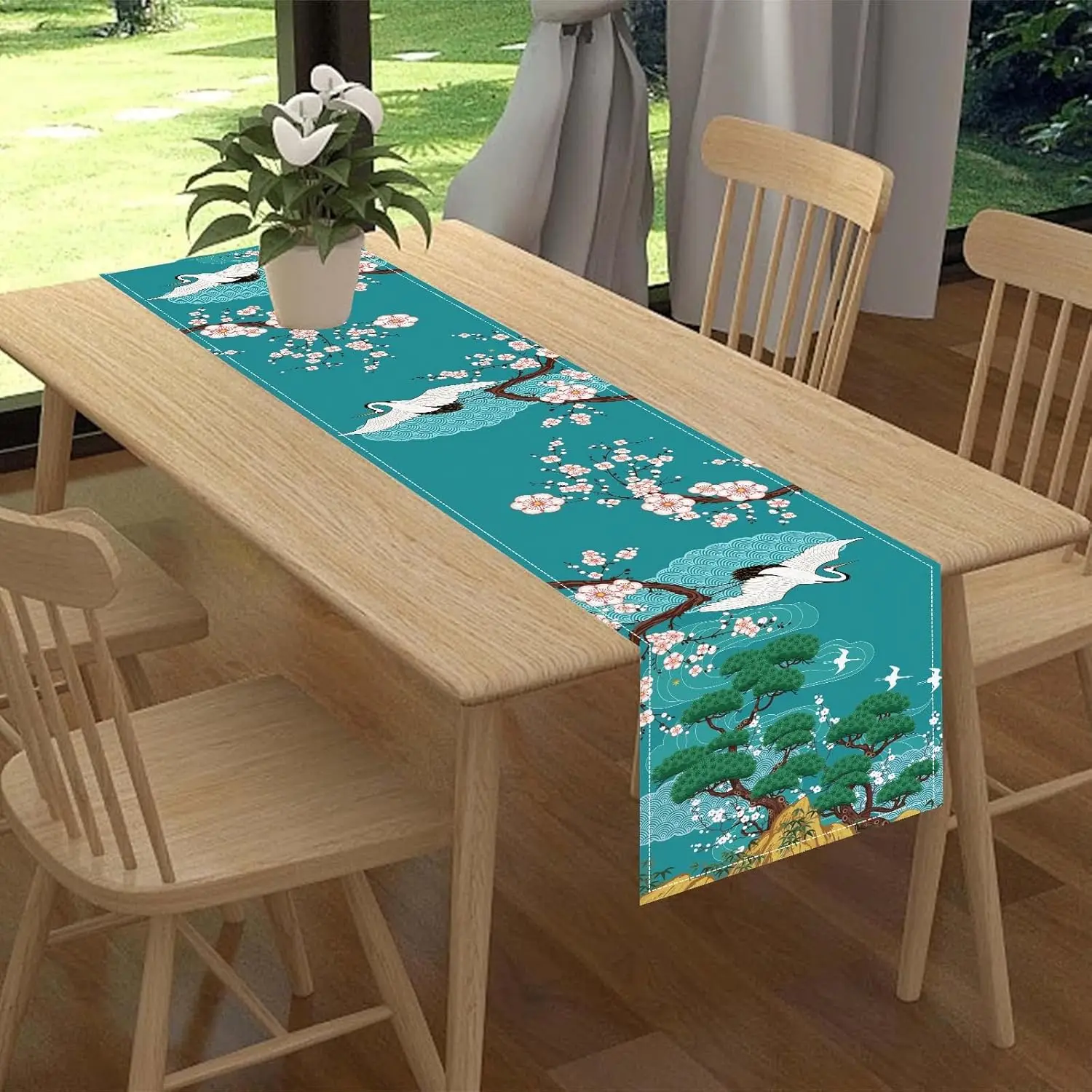 Cherry Blossom Pine Tree Crane Birds Table Runner Dresser Scarves Decor Chinese Style Kitchen Dining Table Runner Party Decor