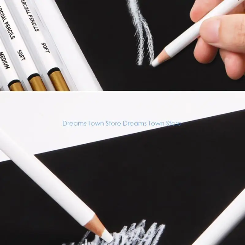 HX6A Set of 6 Prmeium White Charcoal Pencils Set 3 Pcs Soft 3 Pcs Medium Sketch Highlight White Pencils for Ideal for Drawing