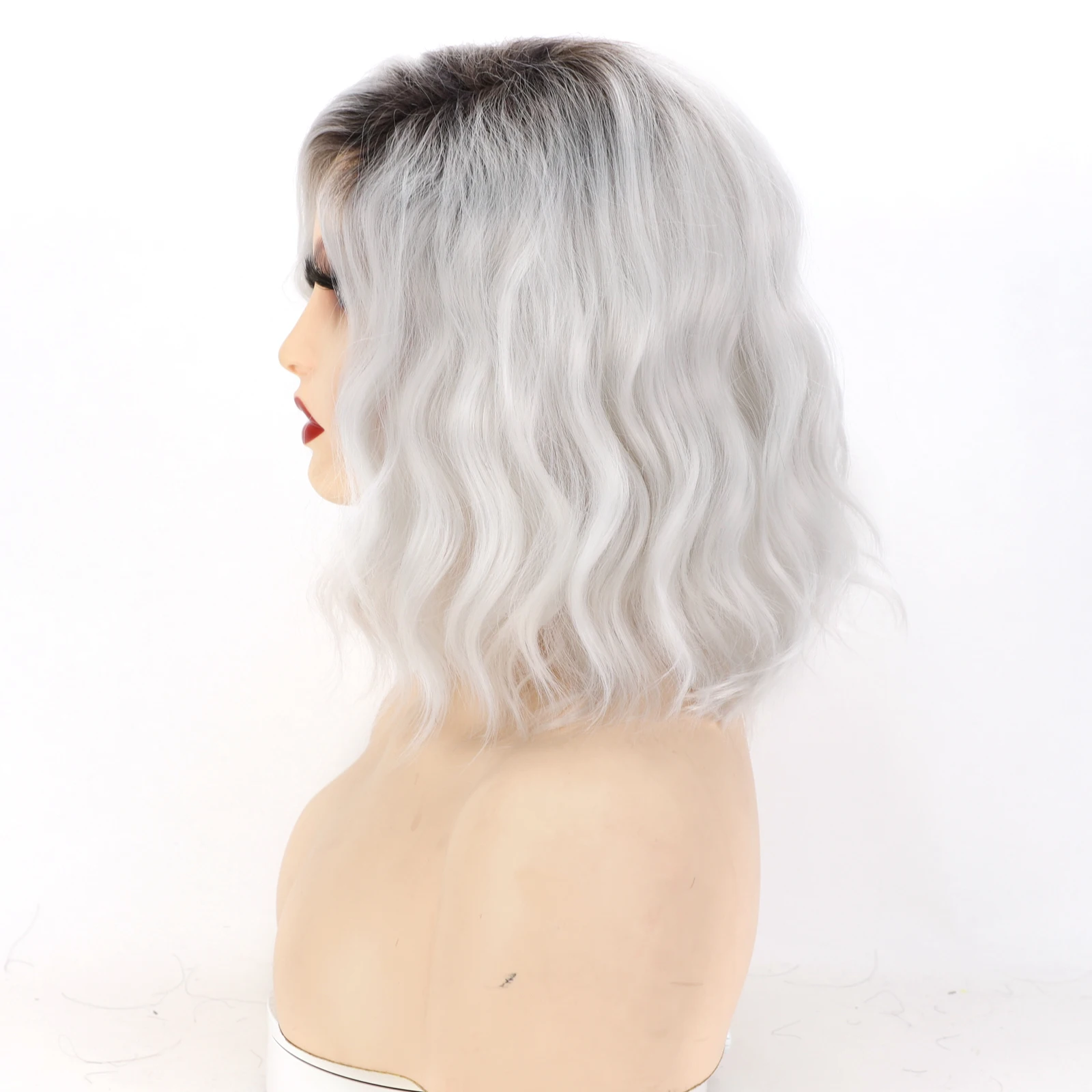 Black Root Short Synthetic Curly Wigs Womens Fashion Silver Grey Ombre Curly Hair Loose Wave Mommy Heat Resistant Fiber Wigs