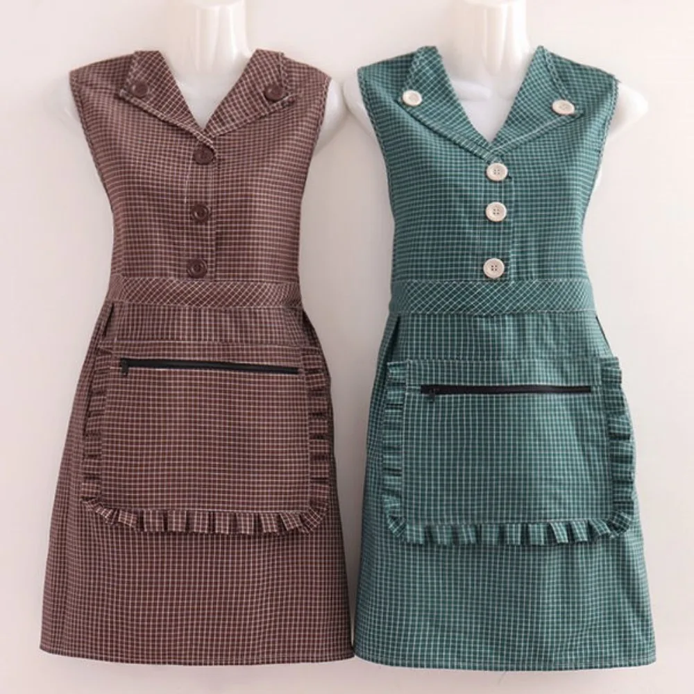 

Durable Small Plaid Waistcoat Lapel Apron Cotton Fashion Cooking Apron Antifouling Dust-proof Kitchen Apron Women