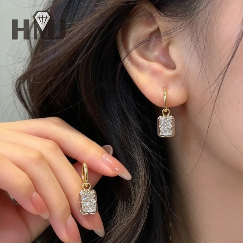 Hoop Pendant Earrings Radiant Cut Lab Grown Diamond DEF VS 10K Gold Simple Classical Engagement Wedding Fine Jewelry Charms