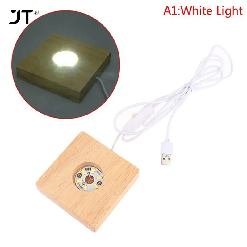 7cm Square Wood LED Light Dispaly Base Crystal Glass Resin Art Ornament Wooden Night Lamp Base LED Light Rotating Display Stand