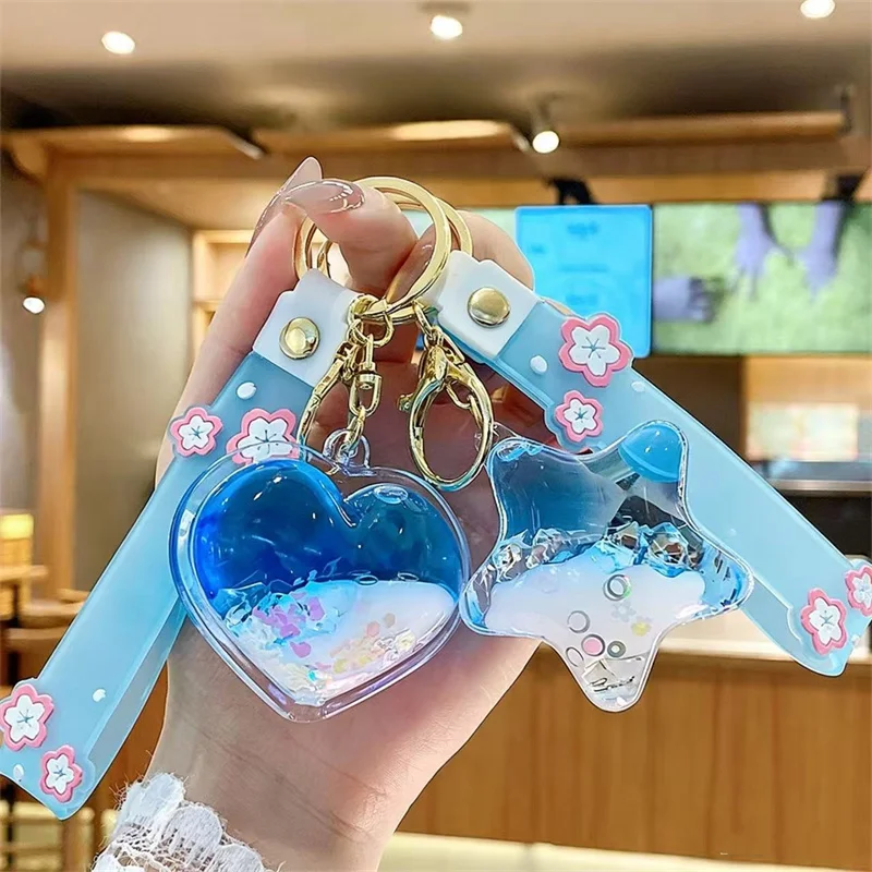 Cartoon Quicksand Keychain Blue-White Color Moving Liquid Couple Backpack Car Key Pendant Gift