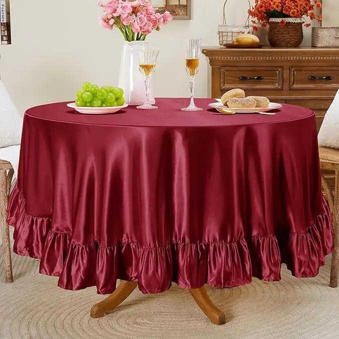 

Round Ruffle Tablecloth Solid 70 Inch Satin Tablecloth Soft Table Cover for Wedding Banquet, Party, Kitchen Dining Tables Decor