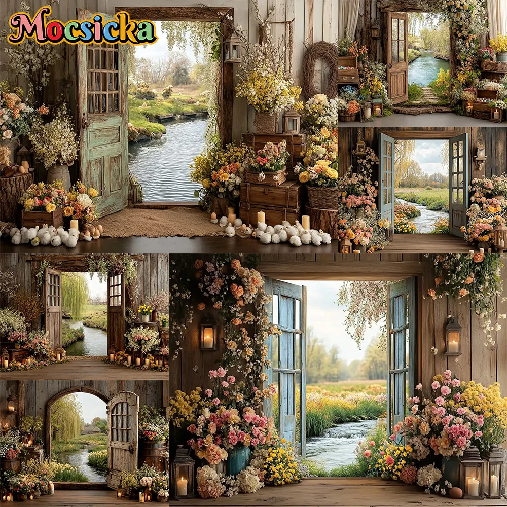 Mocsicka Photography Backdrop Easter Farm Flower Door Window Decoration Newbron 1st Birthday Party Backgrounds For Photographs