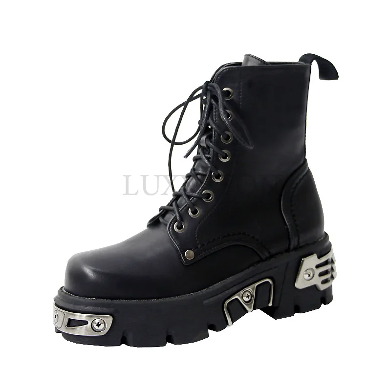 Punk Style Platform Women Ankle Boots Women\'s Motorcycle Boot Fashion Ladies Chunky Shoes Metal Decor Black BIG Size