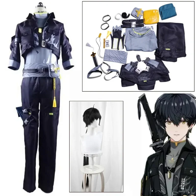 EE01 Game Main Character Male Rover Cosplay Costume Wig Wuthering Waves Black Uniform Resonator Halloween Party Outfits For &0Ww