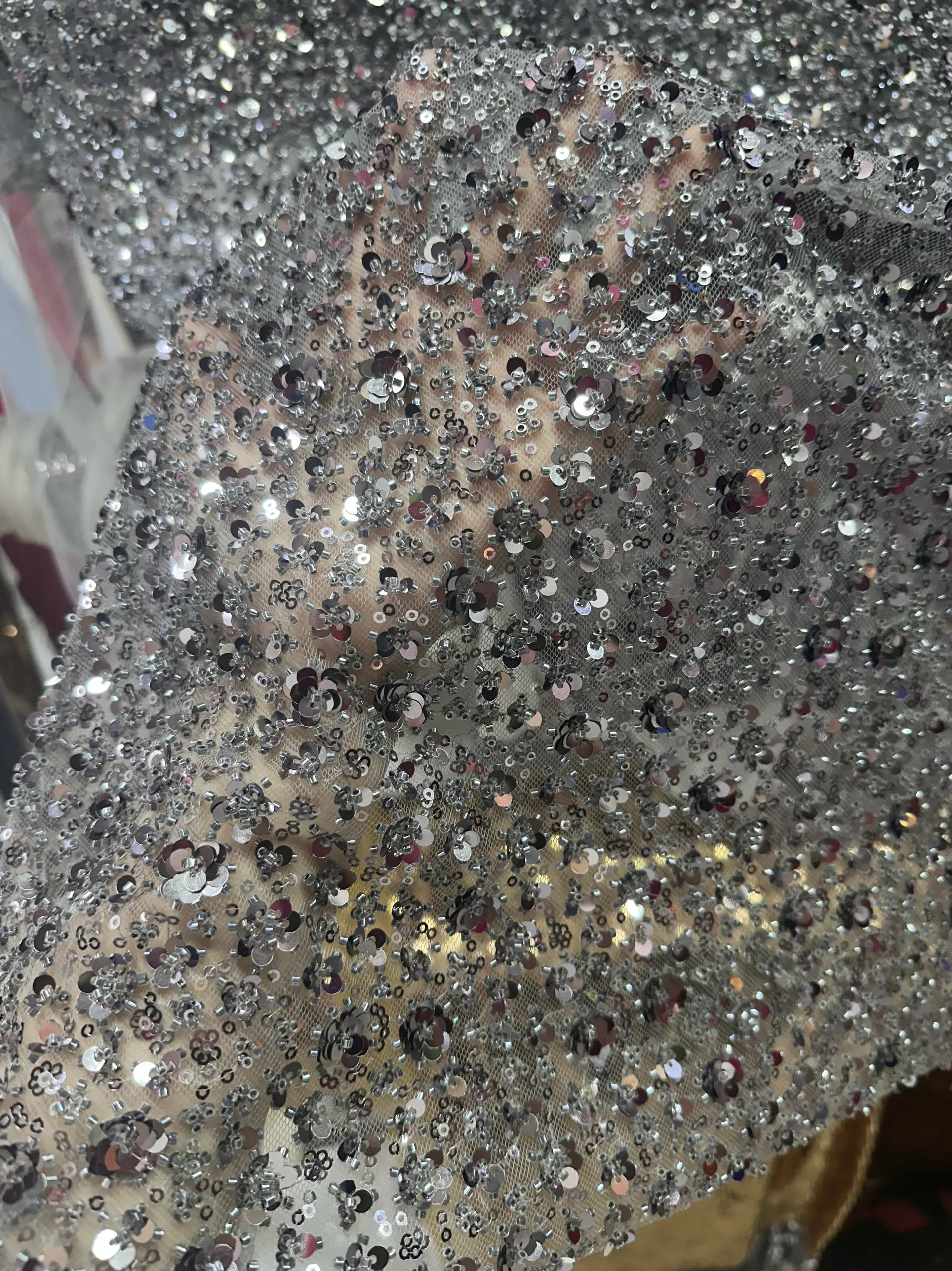 Gray Sequins Thorn Force Dress Draping Fabric for Wedding Pearl Embroidery Fabric