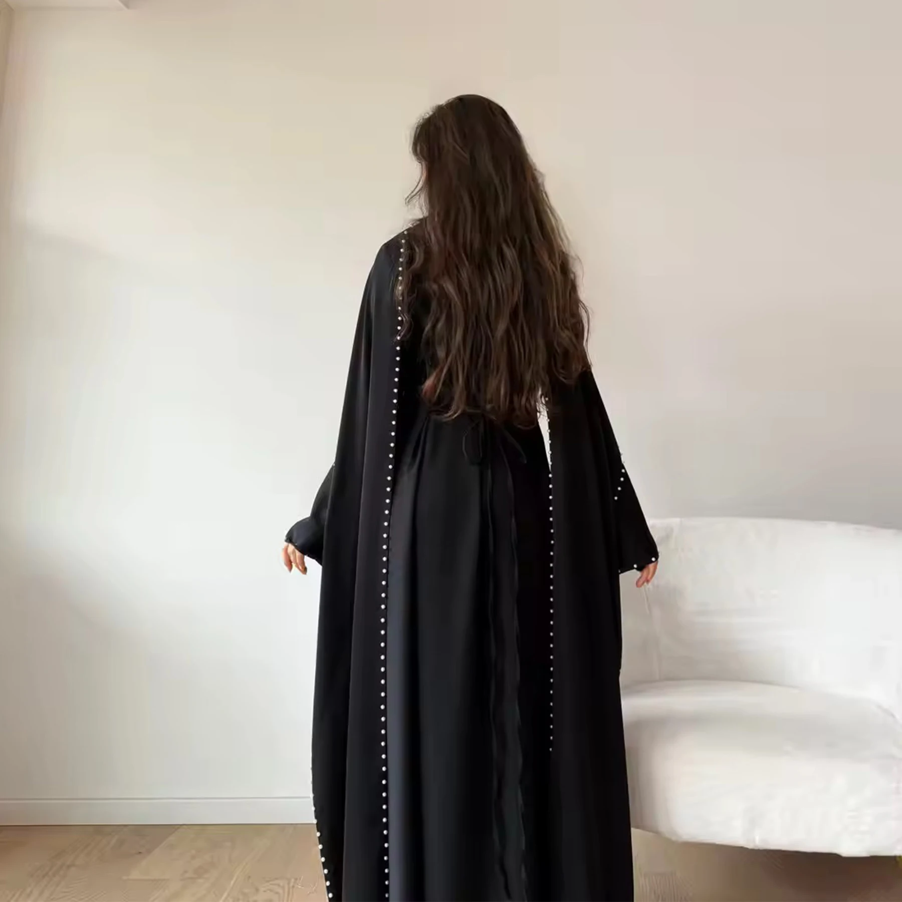 Ramadan Eid Slim-Fit Satin Muslim Abaya Women Dress-Beaded Long Font Cape, Back Lace Up. Evening Party Hijabi Islamic Clothing