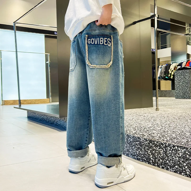 Jeans décontractés en denim pour enfants, pantalons taille moyenne pour garçons, jeans pour adolescents, printemps, automne, nouveautés, haute qualité, 5-14 ans, 2024