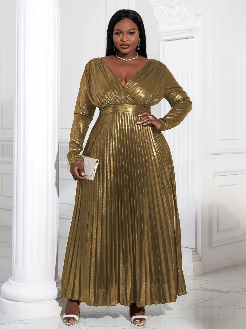 Gold Plated V-Neck Dress Elegant High Waist Pleated Long Sleeve A-Line Long Dress