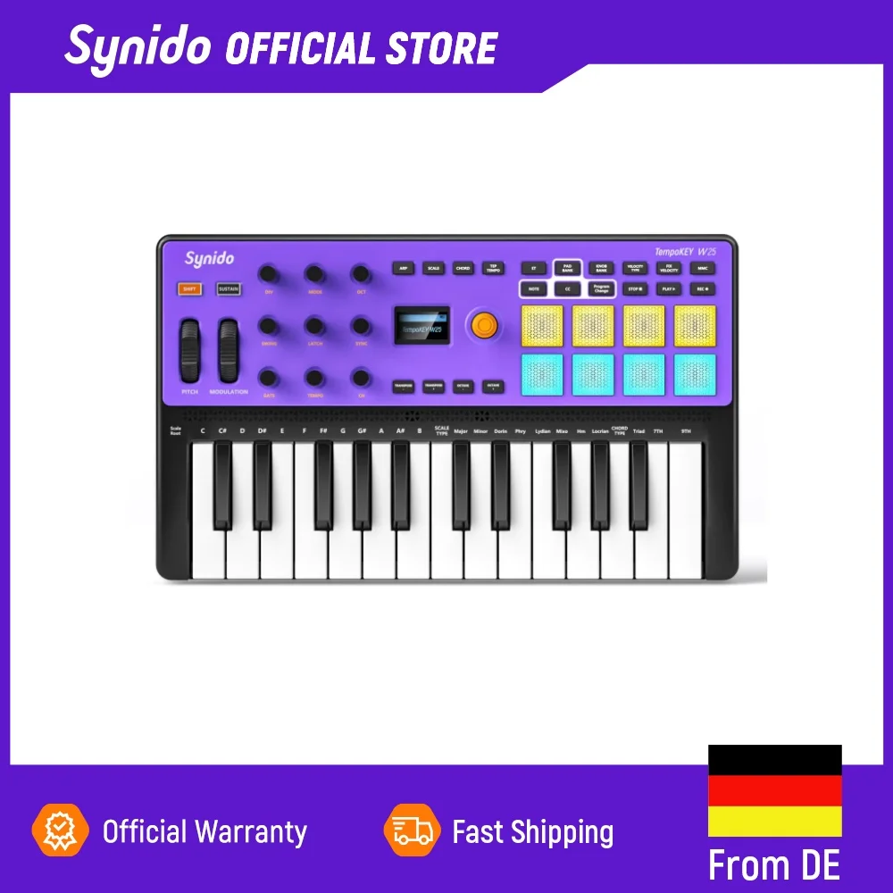 Synido TempoKEY W25, tastiera MIDI wireless con 25 tasti, controller USB, ricaricabile, dotata di 8 pad per batteria, schermo OLED, ingresso/uscita/trasmissione MIDI.