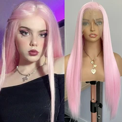 Pastel Pink Straight Synthetic Lace Wig Long Silk Straight Wig Frontal Lace Wigs for Women Cosplay Ready to Wear Light Pink Wig