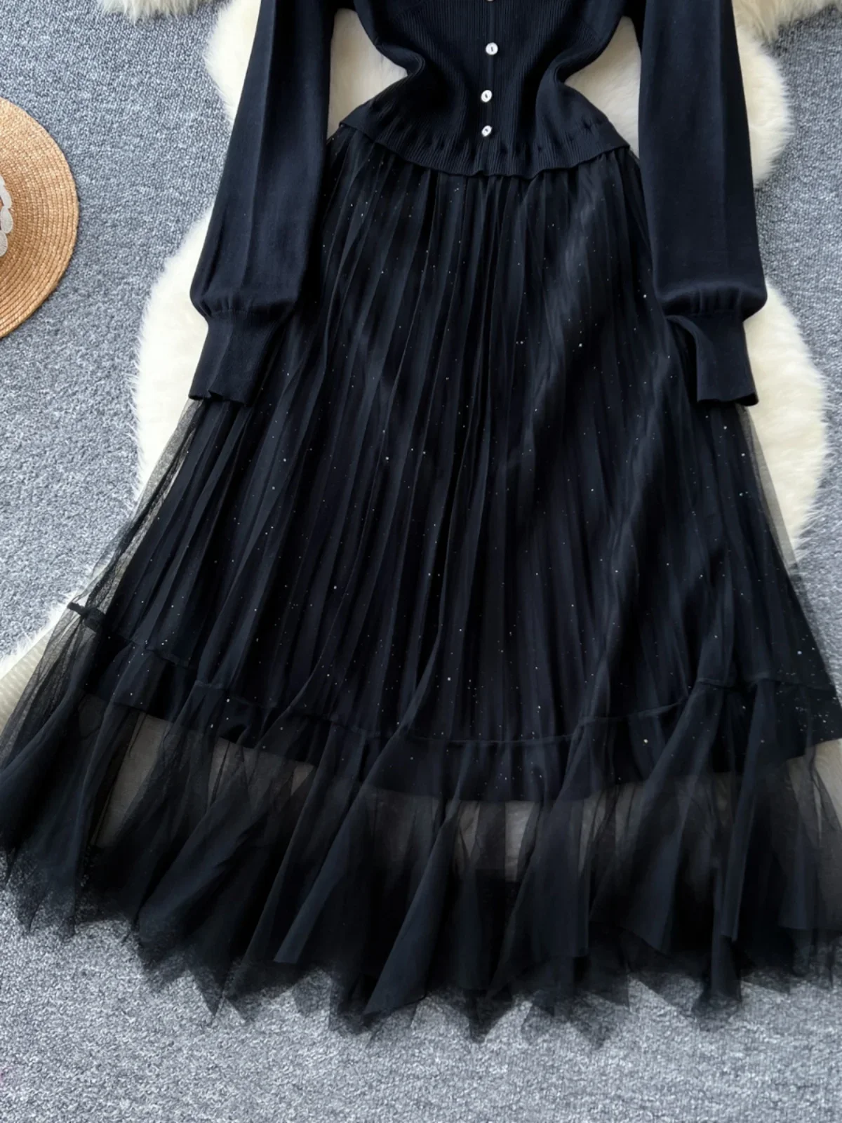 French Black Dress Women Autumn Winter Elegant V-neck Yarn Dresses Ladies Knitted Patchwork Vintage Party Long Robe Vestidos