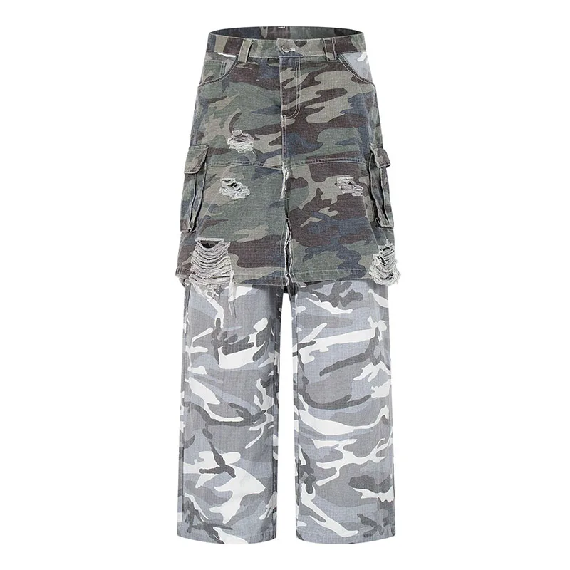 

Hip Hop Camouflage Patchwork Jeans Pants Washed Loose Streetwear Denim Trousers For Male Straight
