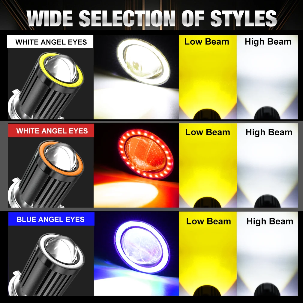 H4 LED Moto H6 BA20D P15D LED Motorcycle Headlight Bulbs Angel Devil Eye Lens White Yellow Hi Lo Lamp Scooter Accessorie