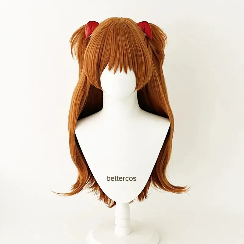 Pelucas de Cosplay EVA Asuka Langley Soryu de alta calidad, largas naranjas con 2 Clips de cola de caballo, peluca de pelo sintético resistente al calor, gorro de peluca