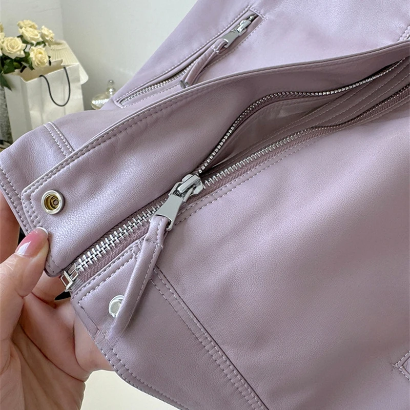 Chaqueta de cuero corta para mujer, chaqueta informal de cuero PU con cuello levantado y temperamento, chaquetas de motocicleta sólidas para primavera 2025