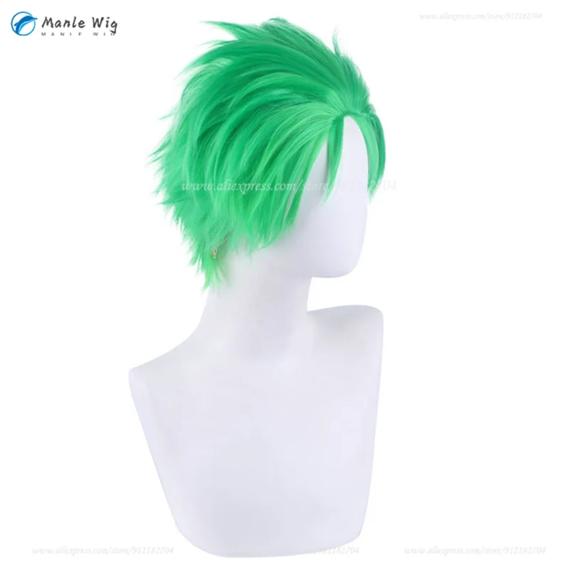 Anime Roronoa Zoro Cosplay Wigs 30cm Short Green Slicked-back Wig Heat Resistant Synthetic Wigs Men Zoro Wig Earrings + Wig Cap