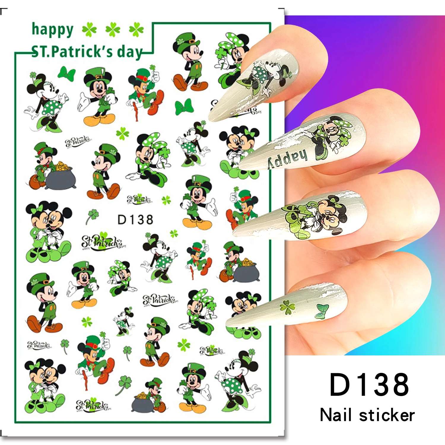 12Pcs/Set Disney Minnie Cartoon Nail Art Stickers Green Mickey Shamrock Kids Anime Nail Decals Kawaii Girls Manicure Sliders Dis