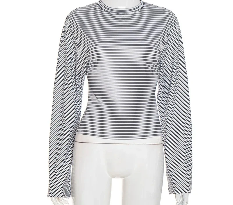 تي شيرت الخريف الشتاء مخطط كم طويل ملابس النساء عادية س الرقبة نحيل البلوز القمم موضة الشارع الشهير المحاصيل تي شيرت #4