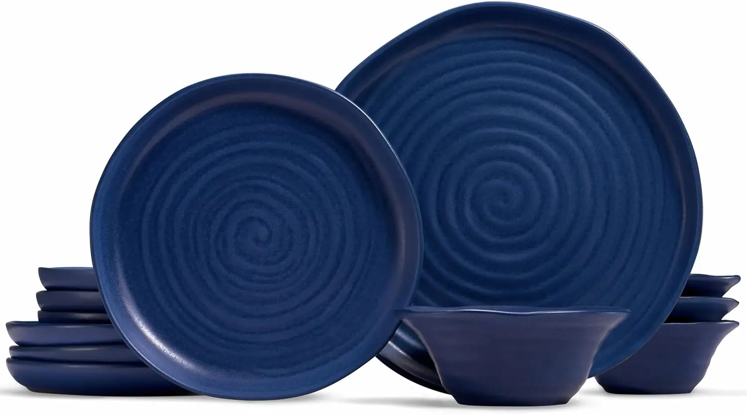 

Ceramic Dinnerware Set for 4, 12-Piece Plates & Bowls, Microwave & Dishwasher Safe, Navy Blue Spiral Design
