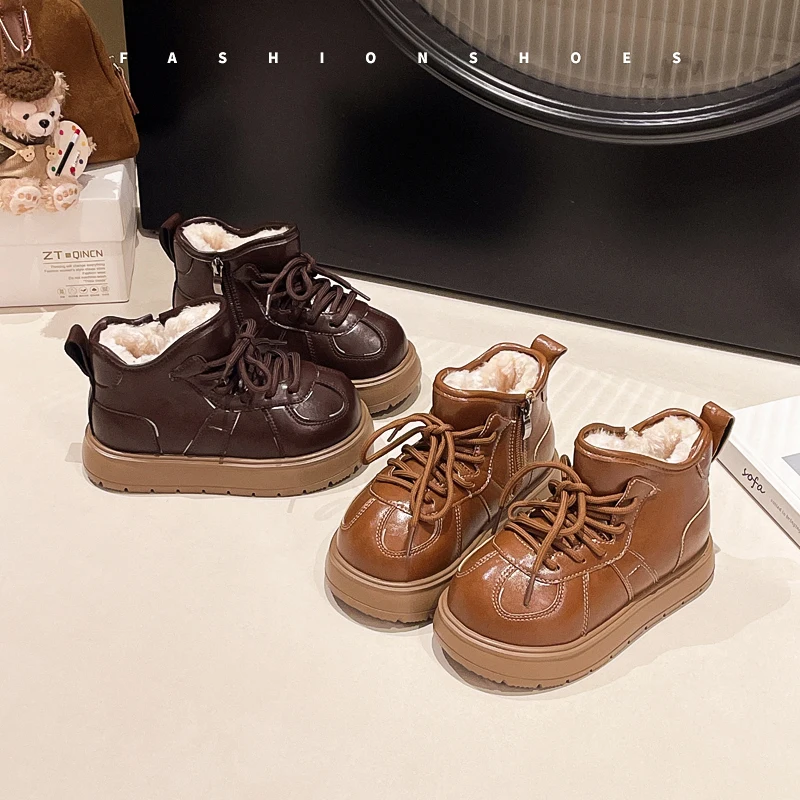 

Boys Snow Boots 3-18 Years Old Brown Padded Thickened Girls Cotton Shoes Khaki Thick Bottom Non-slip Children's Leather Boots