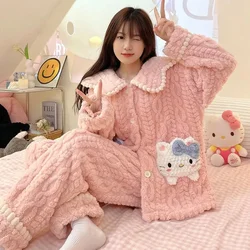 Kawaii Winter Women's Pajamas Set Sanrios Kuromi Cinnamoroll Hello Kitty Anime Cartoon Flannel Thicken Nightwear Homewear Pants