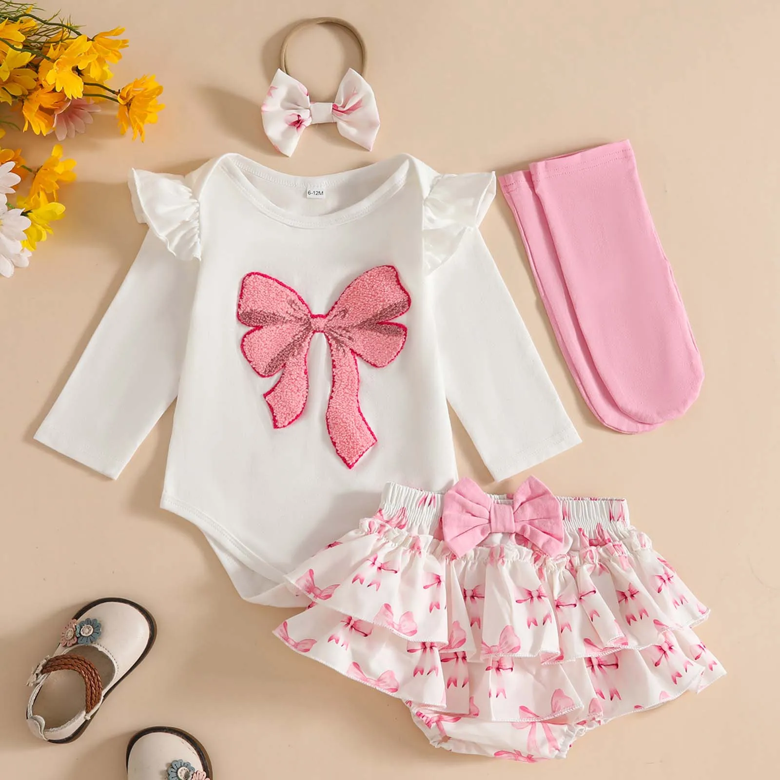 طفلة حلوة الزي مجموعة طويلة الأكمام لطيف Bowknot مطبوعة ارتداءها تكدرت تنورة هيرباند الجوارب أربع قطع مجموعة ropa de bebé