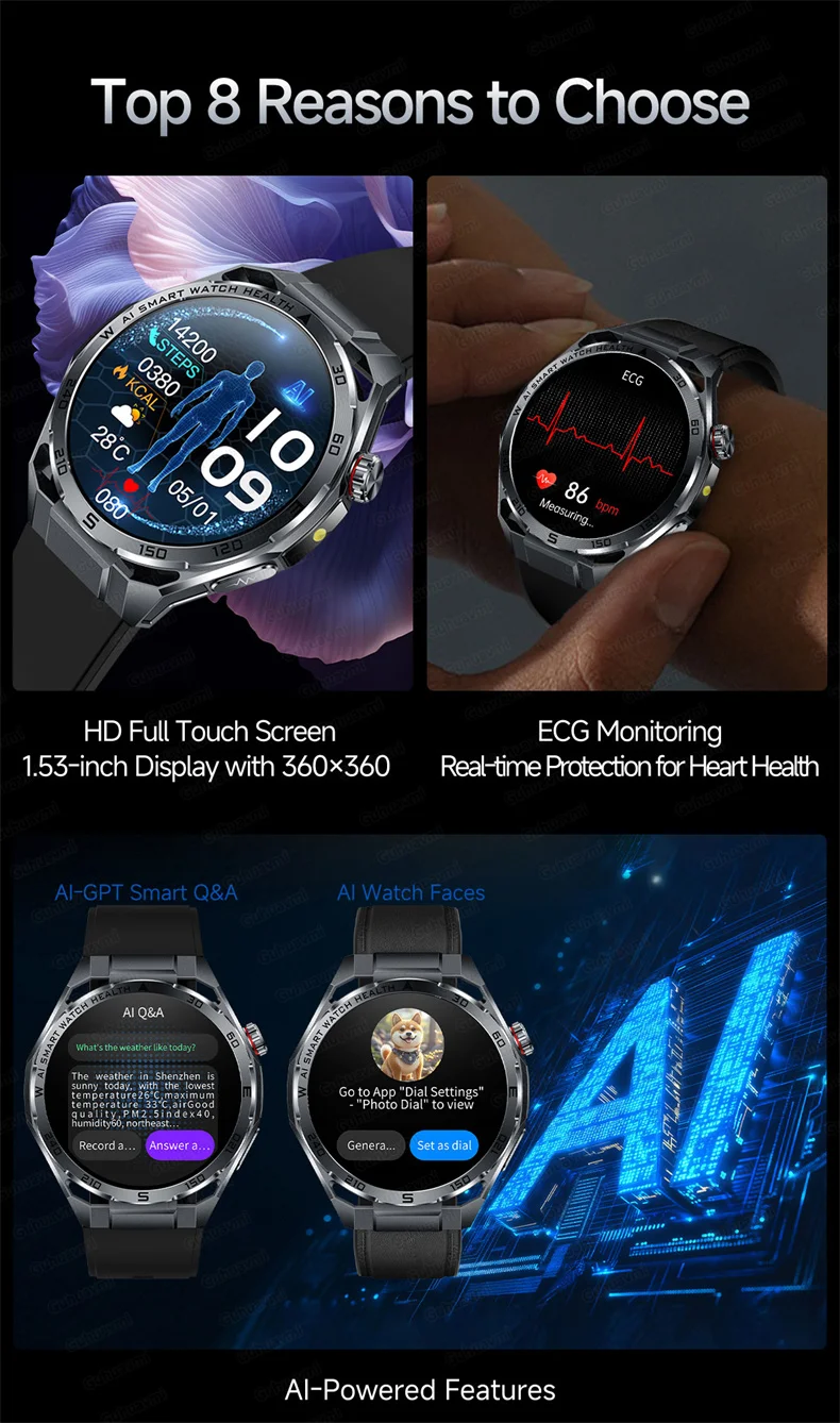 ECG Smartwatch für Herren, Bluetooth-Anruf, Fitness-Tracker, Blutdruckmessung, BO2, Schlafüberwachung, Gesundheits-Smartwatch, Sport, für Android und iOS – Detail 2