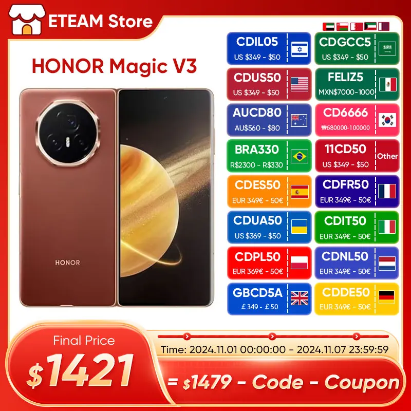 

Honor Magic V3 5G Foldable phone LTPO AMOLED 120Hz Display 7.92" 50MP Triple Cameras Snapdragon 8 Gen 3 5150mAh 66W Smartphone