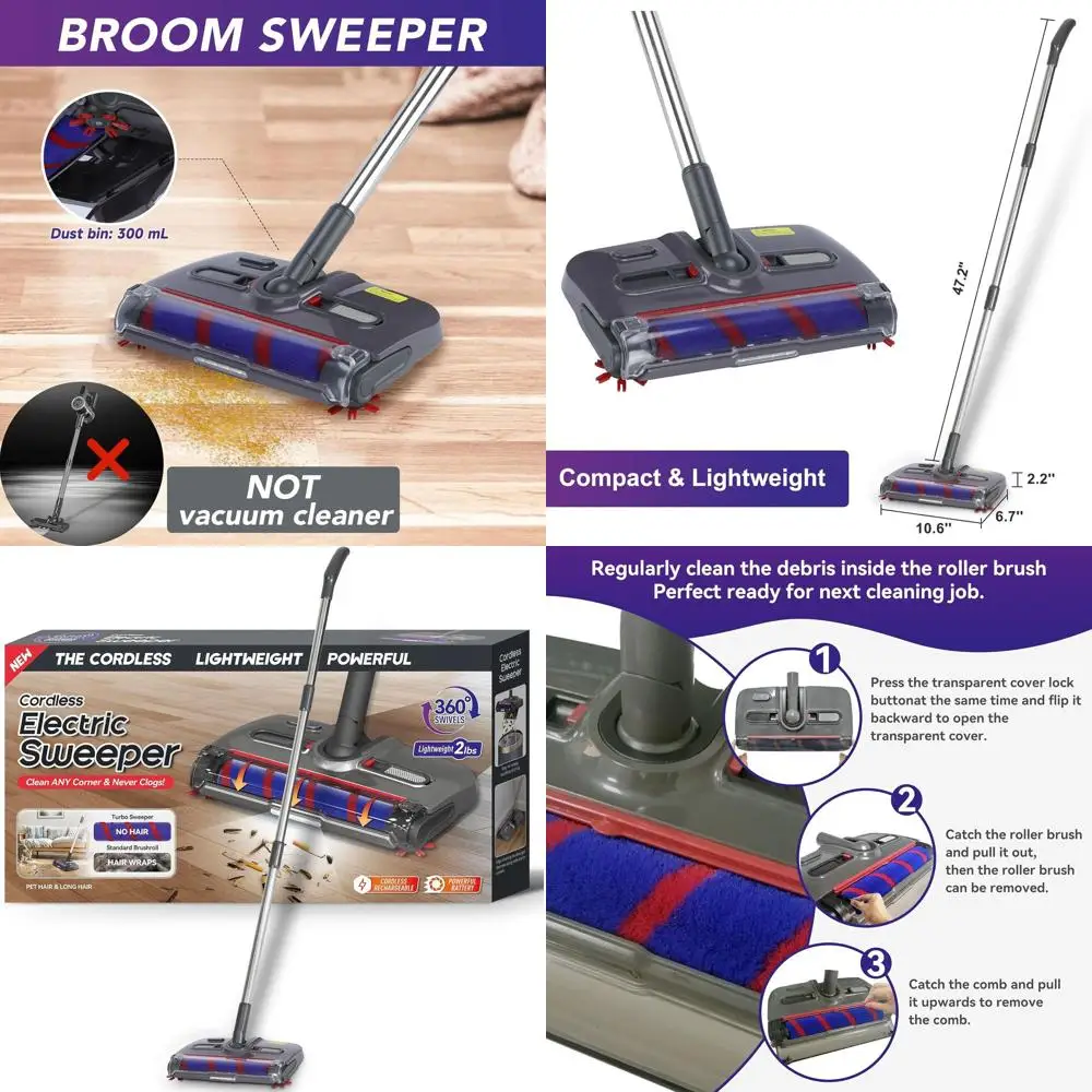 360° Cordless Floor Sweeper: Rechargeable Hard Surface Cleaner for Home, Kitchen, Pet Hair