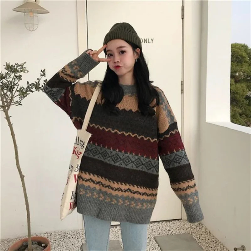 New Vintage Sweater Women\'s Pullover Winter Striped Pullover Korean Version Loose Pullover Knitted Casual Loose Sweater Women