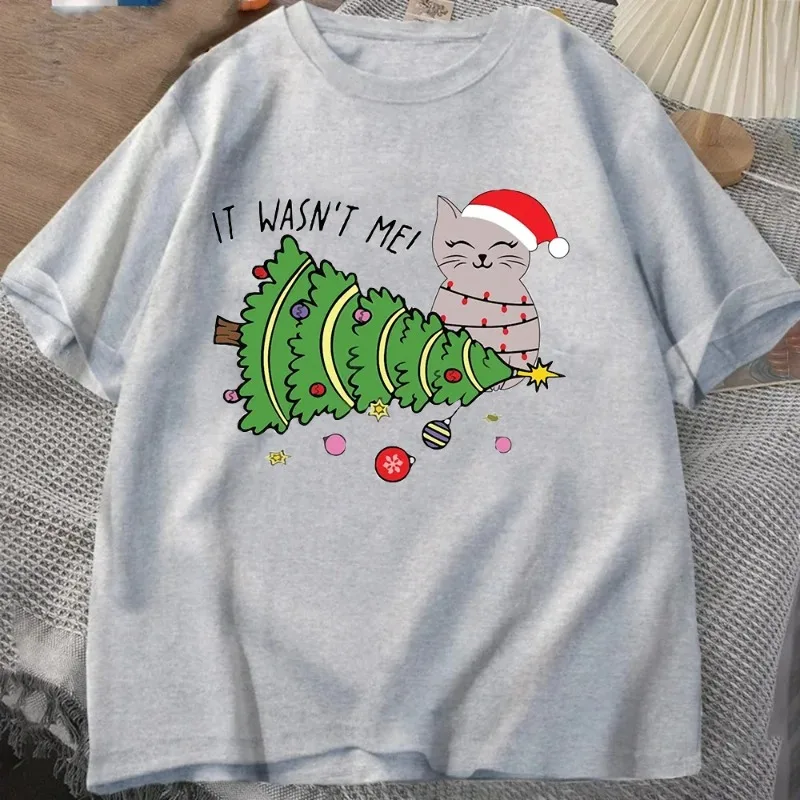 Frohe Weihnachten Damen-T-Shirt Katzenliebhaber Anta Weihnachtsmann Elfe Rundhals Kurzarm Feiertagsmode Katze Casual Y2K Top – Detail 3