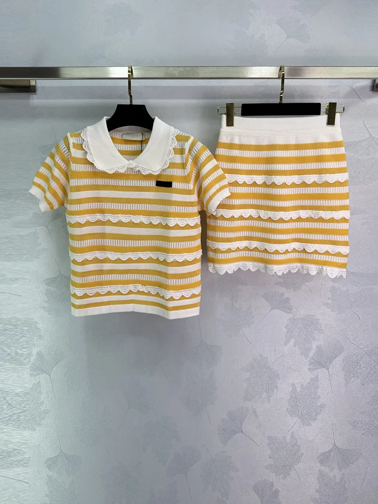 

Spenneooy Summer Fashion Striped Knitting Mini Skirt Suit Women's Turn-down Collar Short Sleeve T-Shirts + Slim Pencil Skirt