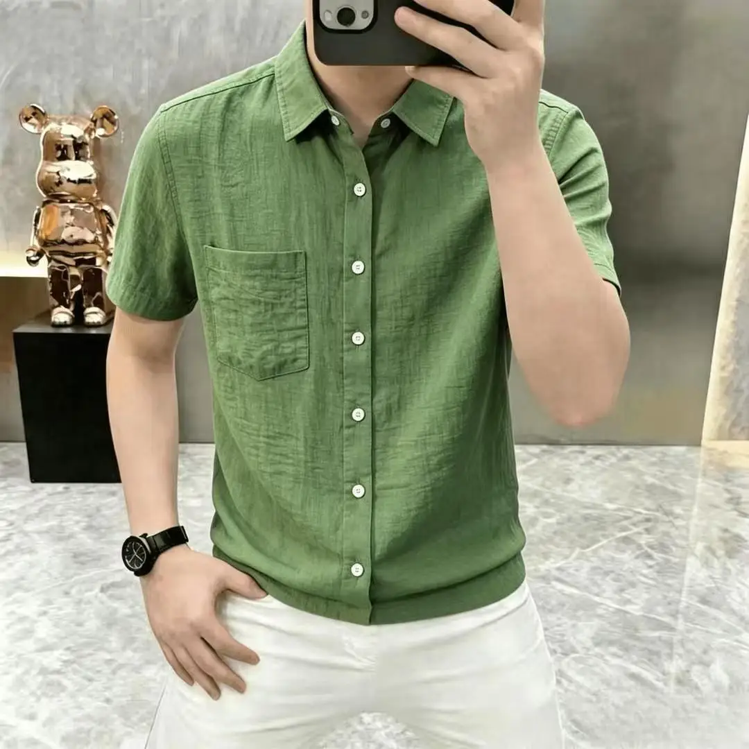 Men's Green Short Sleeve Button Down Shirt Casual Cotton Linen Blend Top for Summer Daily Wear Breathable Lightweight