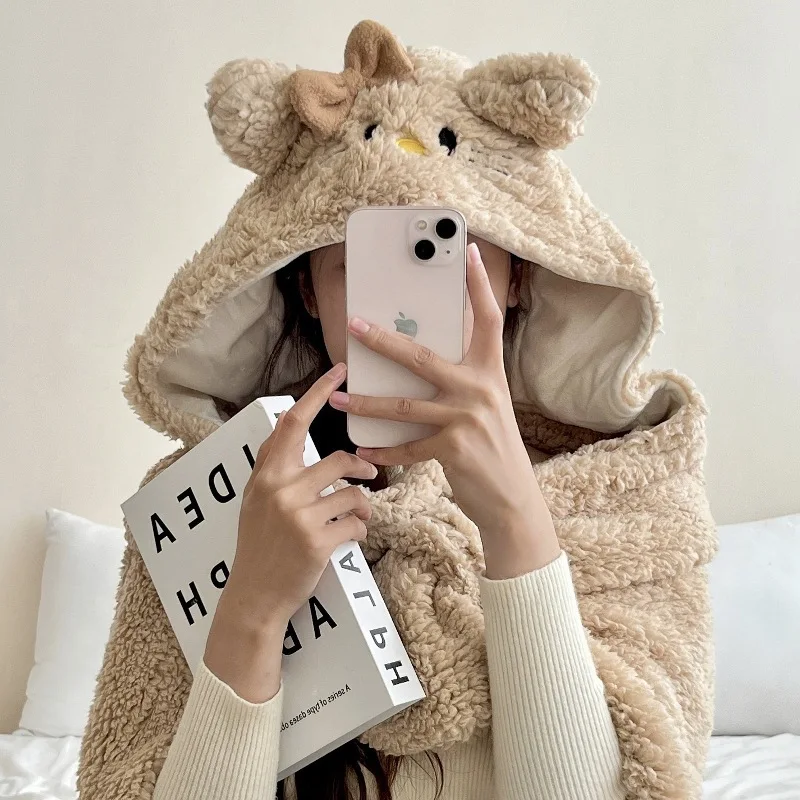 بطانية بقلنسوة على شكل قطة كرتونية للبالغين، بطانية صوف دافئة يمكن ارتداؤها، رأس مريح لقيلولة الأريكة والسفر