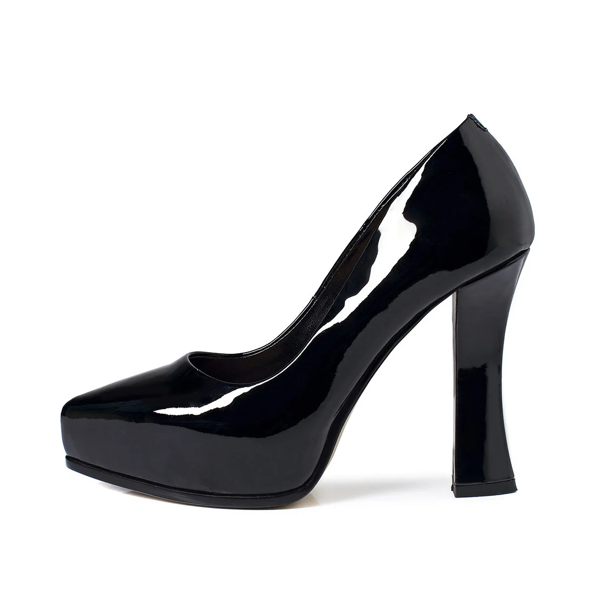 Patent Leather Pointed Toe Shallow Platform Women Pumps ShoesChunky High Heels Slip On Design Large Size Shoes