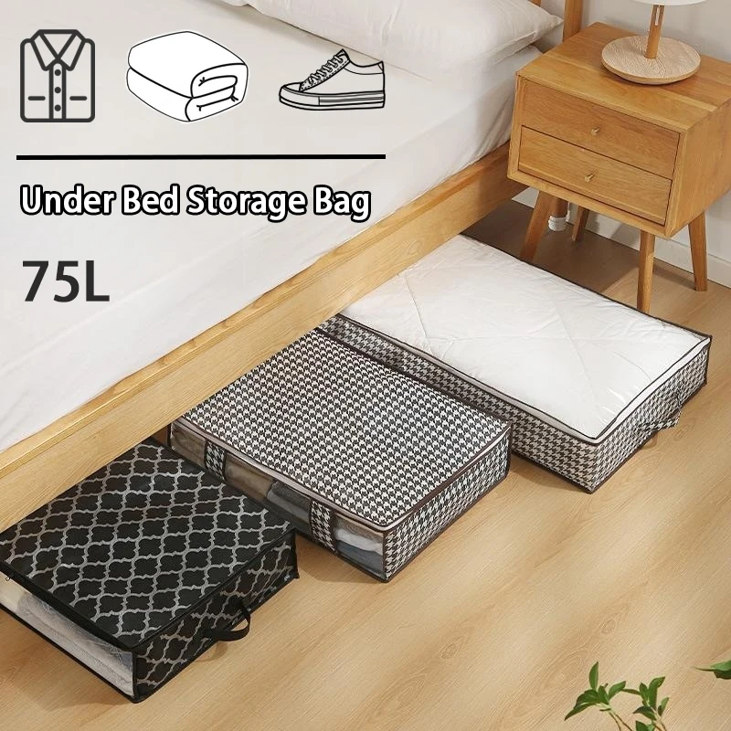 Aufbewahrungstasche unter dem Bett, 75 l, großes Fassungsvermögen, Aufbewahrungsbox für Kleidung, Steppdecke, Bettboden, staubdicht, feuchtigkeitsbeständig, Organisationstasche, platzsparend