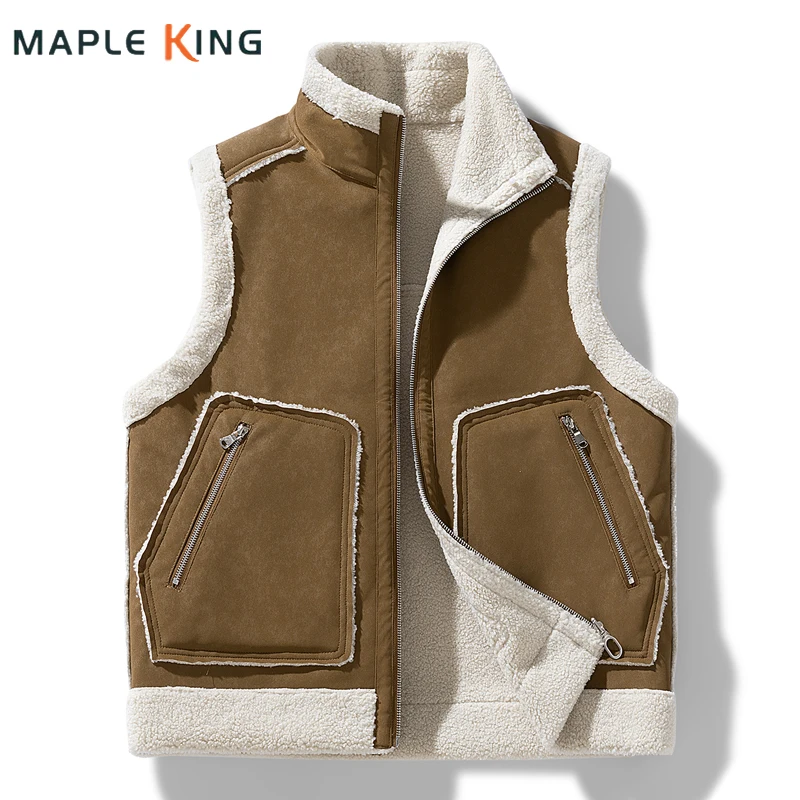 

Vintage Lamb Wool Sleeveless Reversible Jacket for Men Women Winter Vest Warm Stand Collar Zipper Pockets Designer Heating Vest