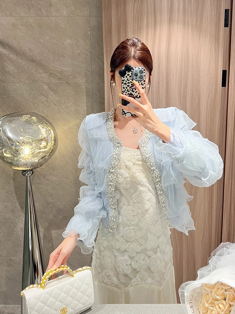 

Long Sve Open Cardigan Women's Heavy Embellied Diamond Embroidery ort Outerwear with Wood ain Design